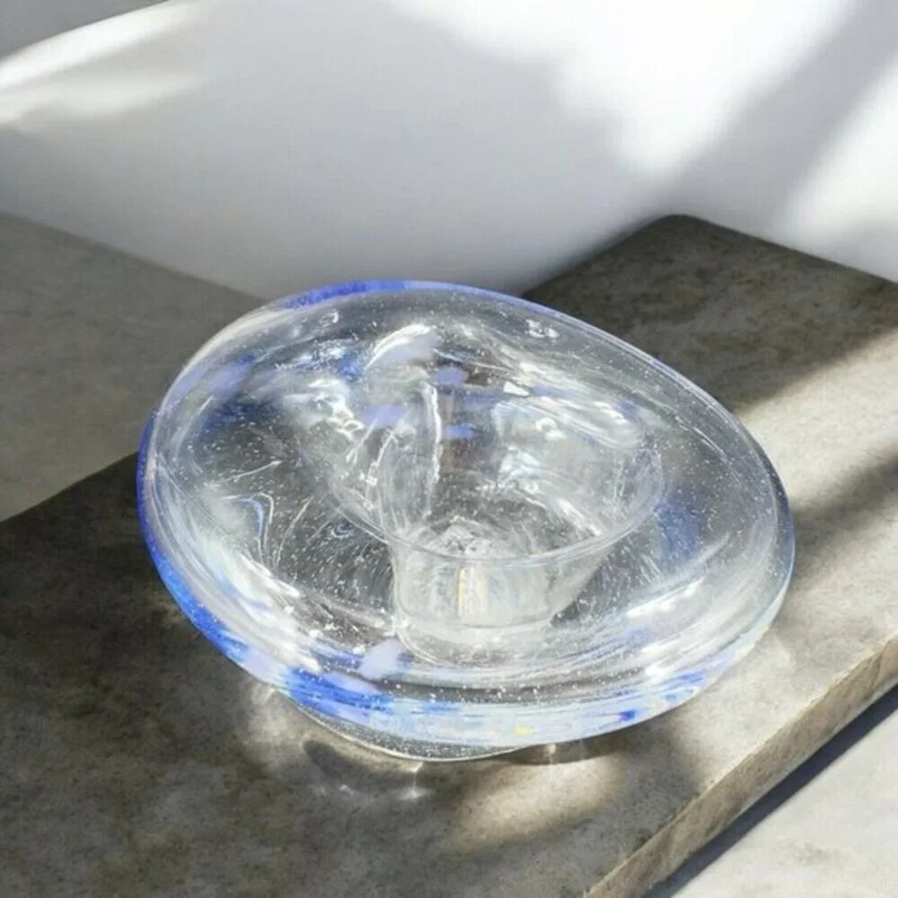 Vintage Hand Blown Art Glass Dish Bowl Clear With Blue Spots Hand Made Glass VTG